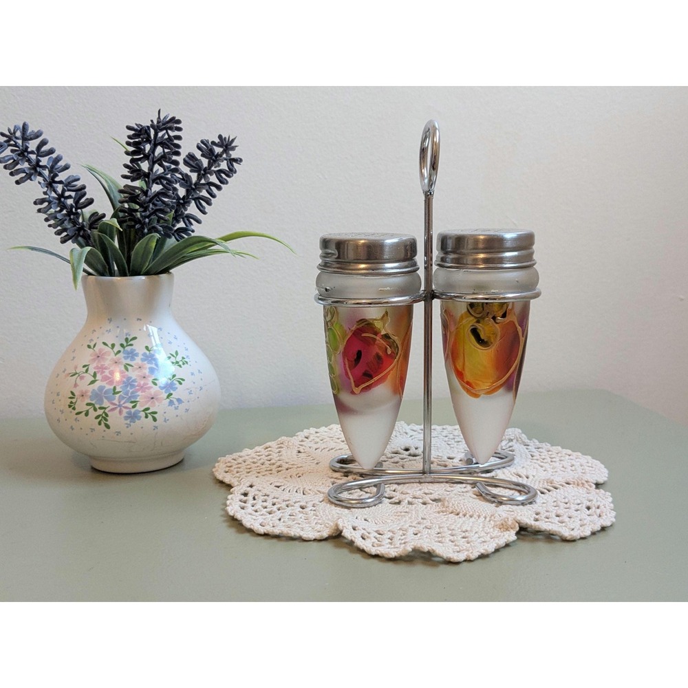 Vintage Fruit Salt & Pepper Shakers with Chrome Caddy | Hand Painted Glass